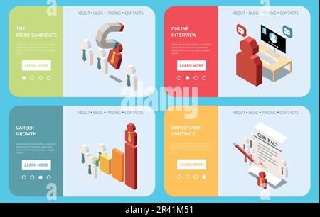 Headhunting isometric horizontal banners set with candidates career growth online interview contract isolated 3d vector illustration Stock Vector