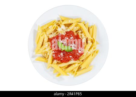 Penne Rigatoni Rigate Italian pasta in tomato sauce exempted isolated eat lunch dish on plate from above in Stuttgart, Germany Stock Photo