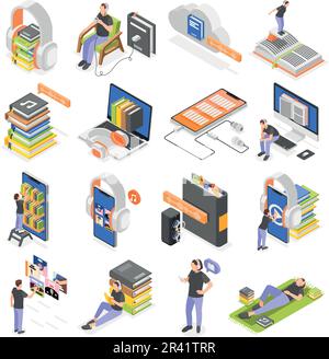 Audio books set of isometric icons with isolated gadget images people and stacks of library books vector illustration Stock Vector