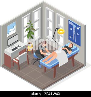 Varicose isometric composition with isolated view of doctors office interior with physician and patient in bed vector illustration Stock Vector