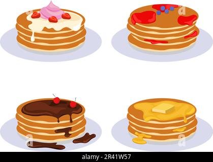 Pancakes For Breakfast. Tasty Food Collection With Chocolate, Berries. Vector Flat Illustration Stock Vector