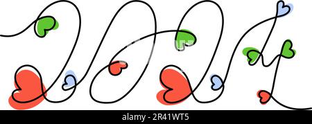 2024 Handwritten lettering in one solid line with hearts in trendy shades. Happy New Year. Line art. Isolate. Design for poster, banner, brochures, gr Stock Vector