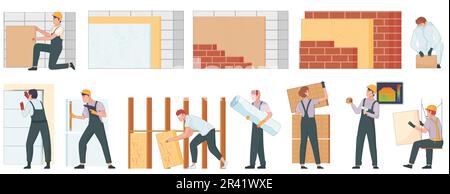 Thermal insulation flat set of isolated human characters of workers with wall panels bricks and wallpaper vector illustration Stock Vector
