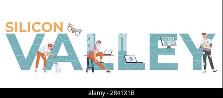 Silicon valley composition with flat text surrounded by human characters laptops flying drone on blank background vector illustration Stock Vector