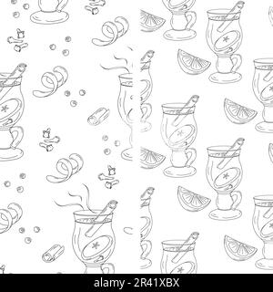 Set of 2 endless pattern with cup of mulled wine and spices. Cinnamon stick, lemon slice and orange peel. Hand drawn Line Art design. Isolate. Vector. Stock Vector