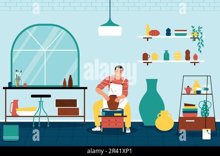 Hobby flat concept with man making clay pot vector illustration Stock Vector