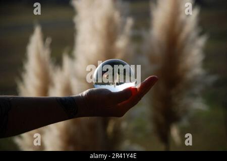 Hand Holding a Crystal Ball Reflecting the Surrounding Landscape Stock Photo