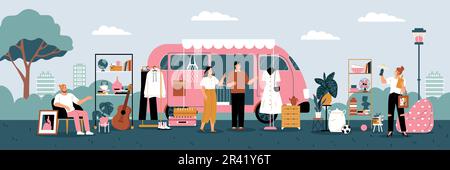 Second hand sunday market with retro clothes selling outdoors flat vector illustration Stock Vector