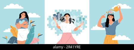 Mental health flat set with people dealing with psychological problems vector illustration Stock Vector