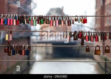 Love Locks on Bridge Over Canal in Hamburg, Germany Stock Photo