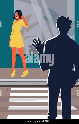 Flat call me phone composition pretty woman in yellow says goodbye to her new boyfriend and gestures for him to call her back vector illustration Stock Vector