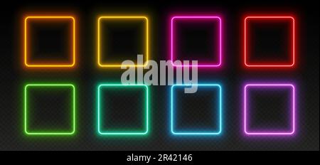 Neon square frames, glowing borders set, colorful futuristic UI design elements. Stock Vector