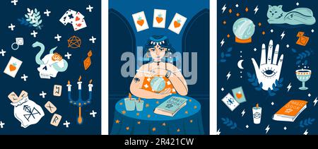 Fortune tellers flat cards with magic book runes crystal ball tarot candles accessories vector illustration Stock Vector