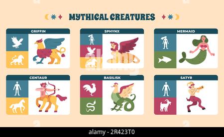 Mythical creatures flat infographic set of compositions with griffin sphinx mermaid centaur basilisk and satyr cards vector illustration Stock Vector