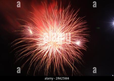 Beautiful fireworks lighting up night sky outdoors Stock Photo