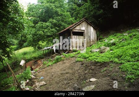 Simple shed on a hillside rural property in Romania, approx. 2000 Stock Photo