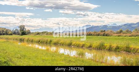 Alpine panorama, Dornbirner Ach near Hard, Vorarlberg, Austria Stock Photo