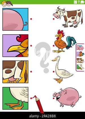 Match cartoon farm animals and clippings educational game Stock Photo