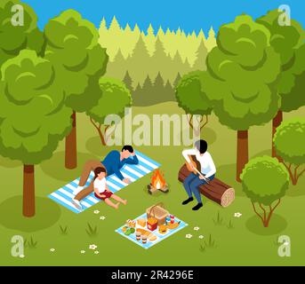 Isometric barbecue concept with people near forest bonfire vecto4r illustration Stock Vector
