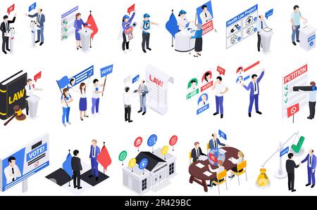 Politicians lawmakers isometric set with isolated compositions of icons voting petitions and human characters of officials vector illustration Stock Vector