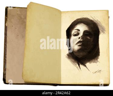 A sketchbook of an artist is open to a drawing of a woman in a head scarf drawn in pencil or charcoal in this 3-d illustration isolated Stock Vector