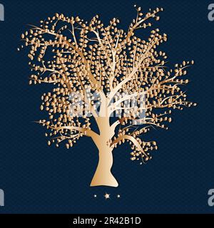 Tree in copper gradient with moon shapes. Tree Of Life design. copper color leaves and branches. Printable wall art. minimalistic wall art design Stock Vector