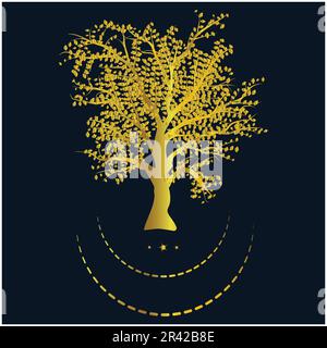 Tree in golden gradient with moon shapes. Tree Of Life design. Golden leaves and branches. Printable wall art. minimalistic wall art design Stock Vector