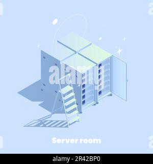Web hosting isometric composition of server rack icons ladder and editable text with silhouettes of stars vector illustration Stock Vector