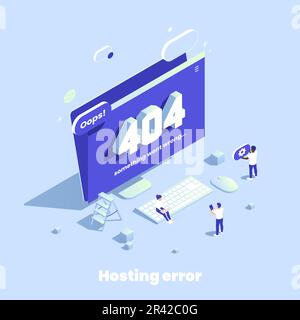 Web hosting isometric composition with icons of desktop computer parts with 404 error and users characters vector illustration Stock Vector