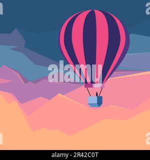 Hot air balloon in the sky. Landscape with mountains, vector illustration Stock Vector