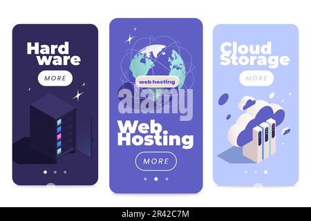 Set of three vertical web hosting mobile app banners with isometric icons of network infrastructure elements vector illustration Stock Vector