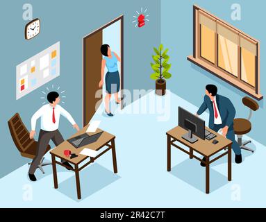Isometric evacuation concept with office workers listen to fire alarm vector illustration Stock Vector