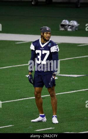 Dallas Cowboys wide receiver David Durden, top, attempts to make a catch as  cornerback Eric Scott Jr. defends during the NFL football team's training  camp Monday, July 31, 2023, in Oxnard, Calif. (