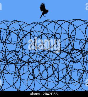 A free bird is about to land on Razor wire, contstantino wire, barbed wire of a prison and is seen in front of a blue sky in this background image. Stock Vector