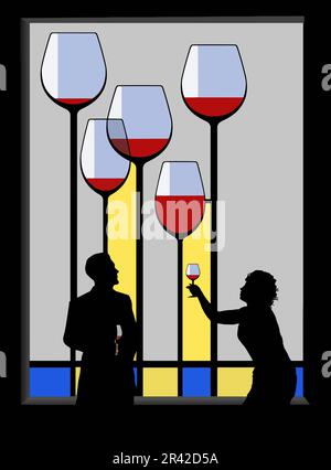 A man and woman interact as they drink wine in front of a stained glass window of wineglasses and color in this 3-d illustration. Stock Vector