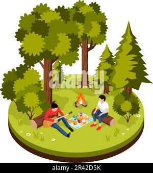 Isometric barbecue concept with people having picnic party near forest ...
