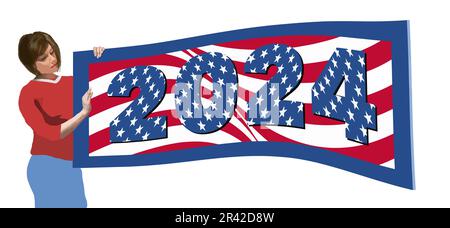 A young woman inspects a waving stars and stripes banner that denotes the 2024 presidential and congressional elections. This is a 3-d illustration Stock Vector