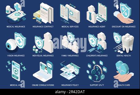 Health medical insurance isometric icons set with healthcare app ...