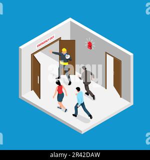Isometric evacuation alarm concept with people running out vector illustration Stock Vector
