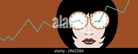 A female stock investor with clocks for eyes is trying to time the market and plan when to buy and when to sell in the stock market. Stock Vector