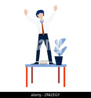 Playful businessman boss standing on desk with books and plant vector illustration graphic flat style design for business concept Stock Vector