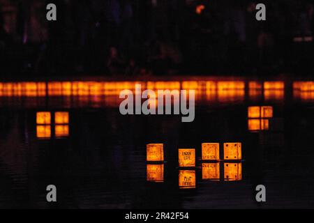 Golden glowing wall of lanterns in background as four float quietly on pond Stock Photo