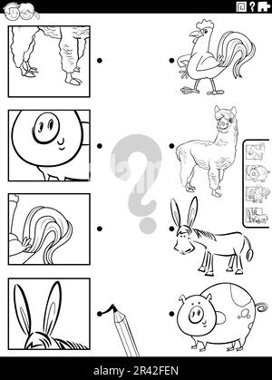 Match cartoon farm animals and clippings game coloring page Stock Photo