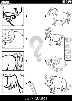 Match cartoon farm animals and clippings game coloring page Stock Photo