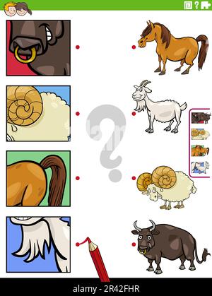 Match cartoon farm animals and clippings educational game Stock Photo