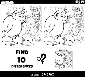Differences game with wild animals coloring page Stock Photo - Alamy