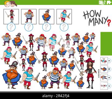 How many cartoon pirates counting game coloring page Stock Photo - Alamy