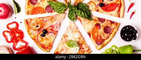 Selection of Assorted pieces pizza on white background and ingredients. Pepperoni, Vegetarian and Seafood Pizza Stock Photo