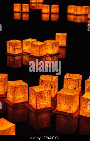Groups of glowing golden lanterns on black pond with reflective surface Stock Photo