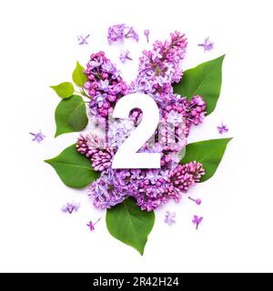 Paper number two on background of lilac flowers. Minimal creative Layout with natural elements for your design Stock Photo